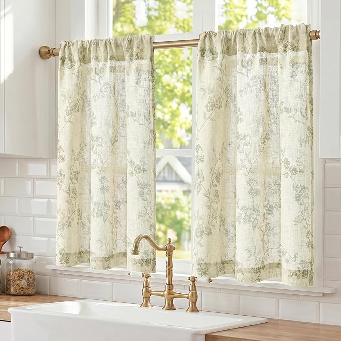 Lazzzy Elisa Floral Kitchen Curtains 36 Inch Linen Cafe Curtains Farmhouse Half Window Drapes Over Sink Light Filtering for Small Windows Rod Pocket Back Tab 2 Panels Green on Beige