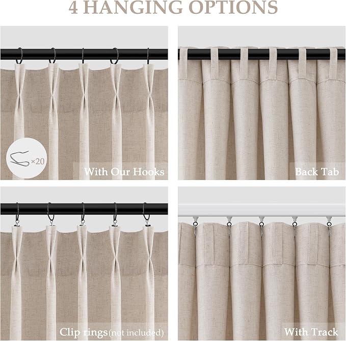 Aersas Birch Beige Pinch Pleated 90 Inch Linen Curtains 2 Panels Set for Living Room Pinch Pleat Drapes Back Tab Light Filtering Semi Sheer Curtain 90 Inches Long for Dining Bedroom Office W40xL90