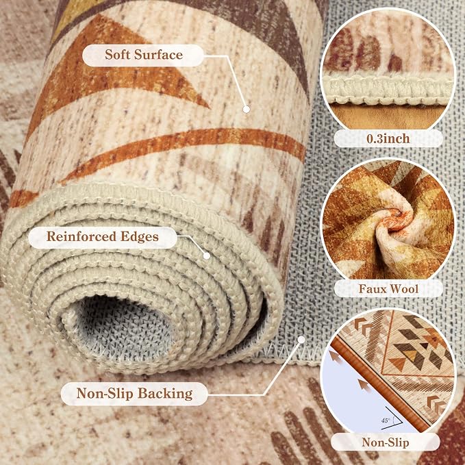 2x10Ft Boho Hallway Runner Rugs Non Slip, Light Brown Washable Kitchen Rug Runners, Soft Low Pile Geometric Moroccan Farmhouse Entryway Floor Carpet for Bedroom Home Decor