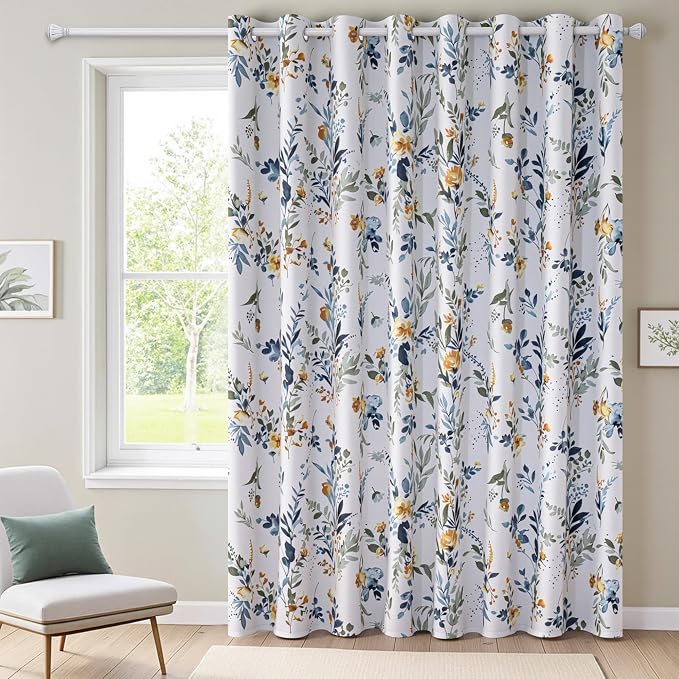 MYSKY HOME Floral Blackout Room Divider Curtains 90 inches Long for Bedroom Patio Sliding Door Thermal Insulated Privacy Curtains for Extra Wide Window Living Room, 1 Panel, Yellow and Blue, 100" Wide