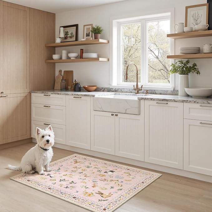 Soalmost 2x3 Dog Rugs for Entryway, Washable Door Mat Animal Soft Rug Pink | Floral Small Cute Area Rug Non-Slip Low Pile Throw Rugs for Entrance Kitchen Indoor Front Door Kids Room 2' x 3'