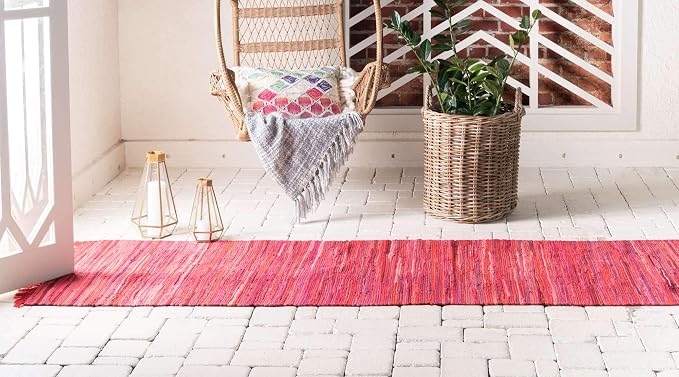 Unique Loom Chindi Cotton Collection Soft Hand Woven Natural Fiber Striped Area Rug, 2 ft 2 in x 6 ft 7 in, Red/Purple