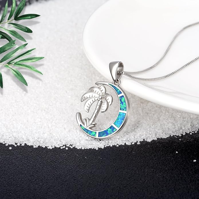 SOULMEET Palm Tree Jewelry Necklace for Women Sterling Silver Simulated Opal Necklace for Her