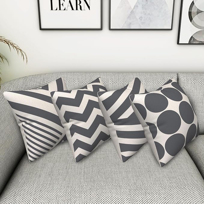 4 Pcs/Set Geometric Pillow Covers Boho Grey Winding Strips Circle Mid Century Geometry Stripes Minimalist Throw Pillow Covers for Home Sofa Couch Outdoor Decorative, 24"x24", Grey White