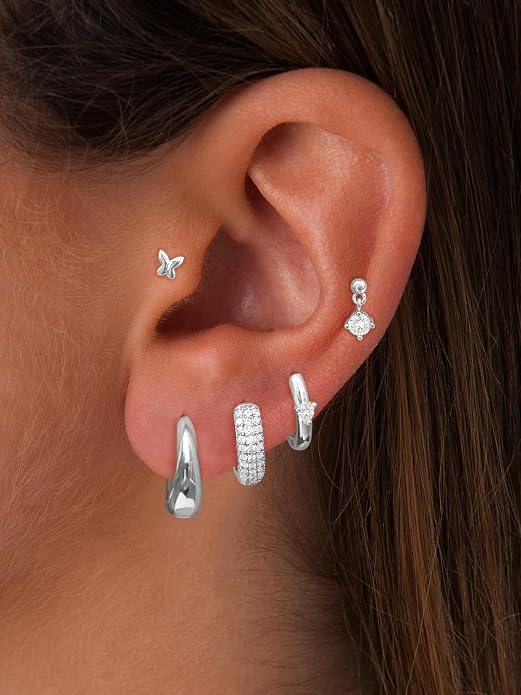 Small Chunky Stud Hoop Stacks Earrings for Women Hypoallergenic Silver Gold Flat Back Stud for Sensitive Ears Small 14K Gold Plated Huggie Cubic Zirconia Cartilage Earrings Set for Multiple Piercing Jewelry Gifts for Women 5 Pairs