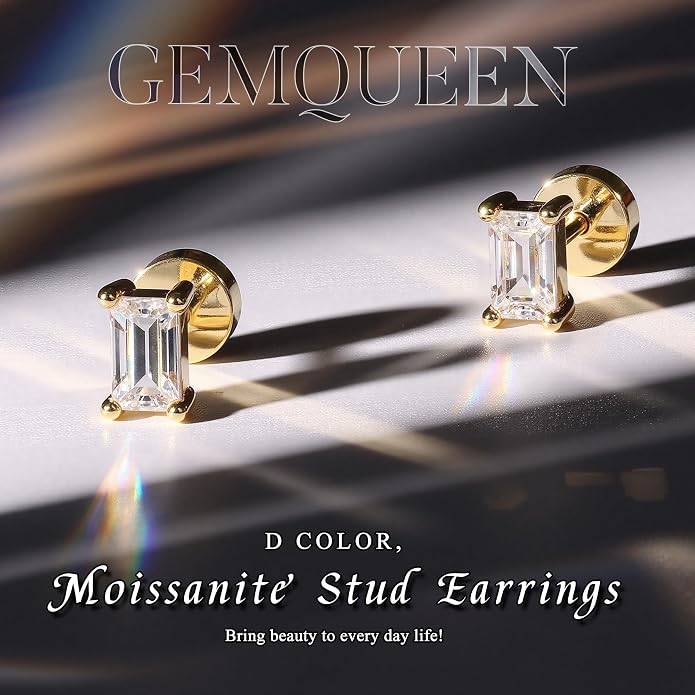 GEMQUEEN Moissanite Earrings Studs Flat Back Earrings Hypoallergenic - 14K Gold Plated Sterling Silver Earring for Women Men Small Dainty Cartilage Helix Piercing Jewelry D Color VVS1
