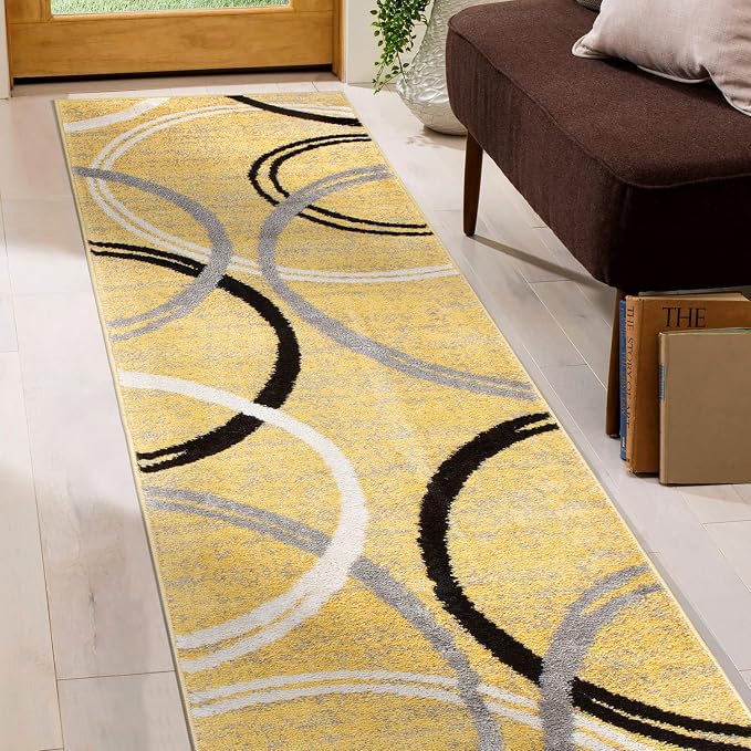 Rugshop Wavy Circles Non-Shedding Living Room Runner Rug Yellow 2' x 10'