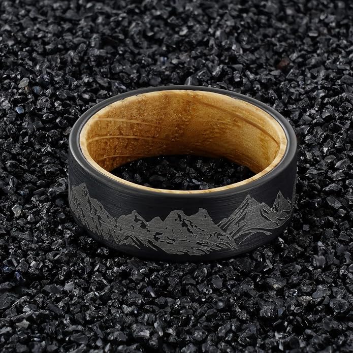 Forest Rings for Men 8 mm Black Plated Wedding Band with Wood Liner Comfort Fit