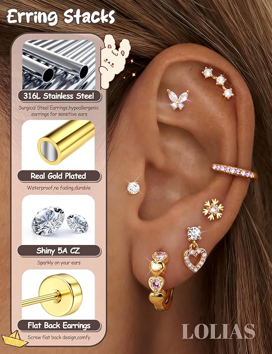 LOLIAS Hypoallergenic Flat Back Earrings for Women Girls-Surgical Stainless Steel Earrings for Sensitive Ears-Cute Flatback Stud Earring Set Small Hoops Cartilage Earring Stacks