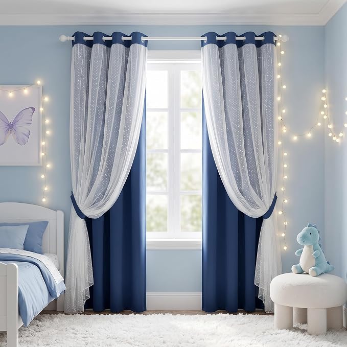 MYSKY HOME Navy Blue Blackout Curtains for Girls Bedroom & Nursery Kids Cute Curtains Double Layer with Polka Dots Sheer, Grommet Tops, 52x95 Inch Each Panel, 2 Panels