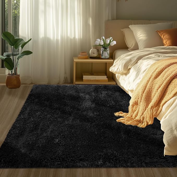 Topmaxcs Black Fluffy Area Rugs 4x6: Fluffy Fuzzy Area Rugs Black Rug for Bedroom- Ultra Soft Furry Rugs- High Pile Plush Rugs for Dorms, 4x6 Feet