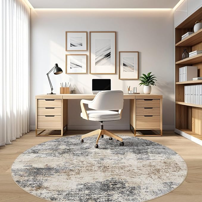 Round Rug Living Room Rugs: 7x7 Washable Circle Large Abstract Modern Soft Stain Resistant Non-Slip Indoor Floor Carpet for Bedroom Nursery Office Dining Room Dorm Home House- Grey Brown