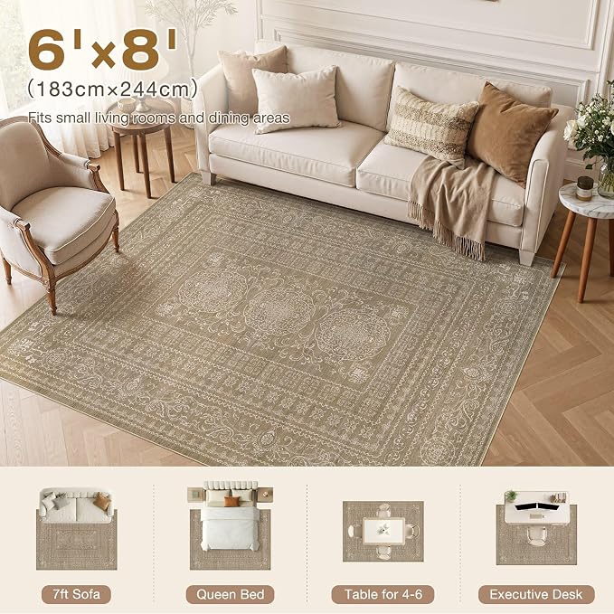 Nakagishi 6x8 Area Rugs Living Room: Washable Large Vintage Rug Neutral Non-Slip Soft Stain Resistant Indoor Carpet for Bedroom Nursery Dining Room Office Playroom - Dark Brown