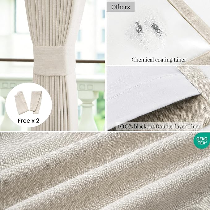 Topfinel Full Blackout Natural Linen Curtains for Bedroom 90 Inch Long 2 Panel Set, Cream Beige Thermal Drapes with Back Tab for Track System Ensuring Peaceful Sleep and Privacy, Cream beige 52"W*90"L