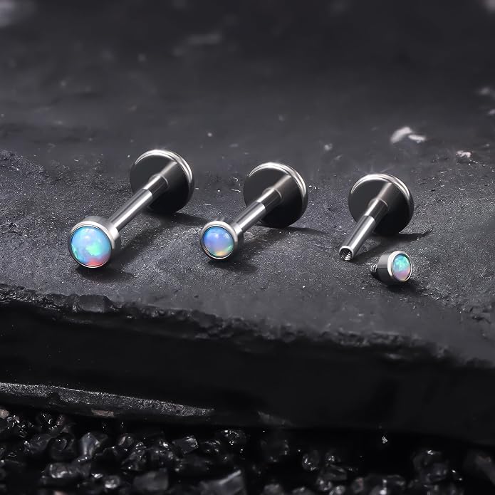 Ruifan Titanium Flat Back Lip Rings Externally Threaded Earrings Studs Nose Rings 20G 18G 16G Jeweled Round Opal Tragus Cartilage Lobe Rook Helix Conch Labret Medusa Piercing Jewelry for Women Men