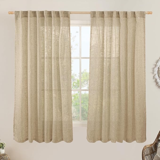 LAMIT Brown Semi Sheer Linen Curtains 60 Inch, Light Filtering Neutral Window Panels Farmhouse Boho Back Tab and Rod Pocket Drapes for Bedroom, 2 Panels, 52 x 60 Inch
