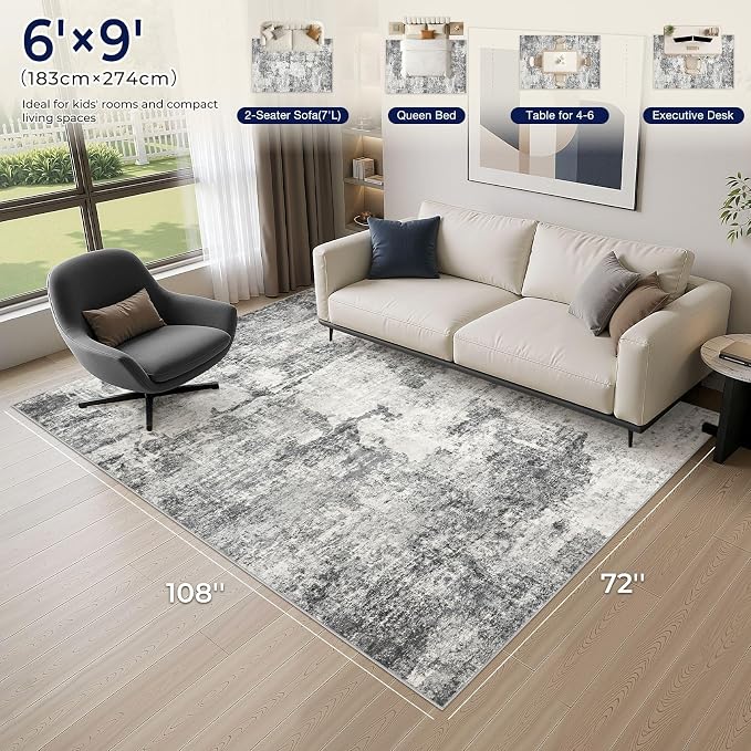 DMOYEST 6x9 Area Rug - Washable & Non Slip Indoor Rug for Living Room, Kid & Pet Friendly Abstract Low Pile Soft Carpet for Bedroom and Dining Room - Grey