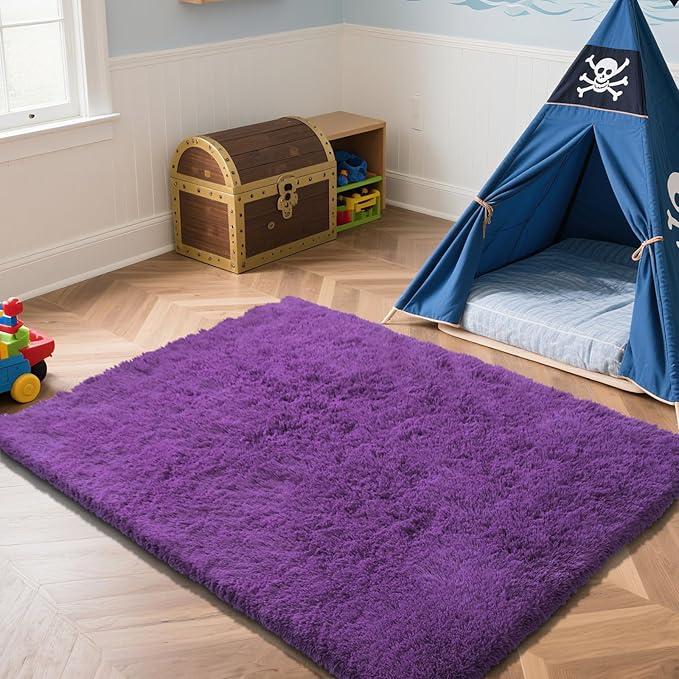 Purple Fluffy Rug Shag Area Rug, 2x4 Area Rugs for Girls Bedroom, Soft Play Mat, Indoor Floor Carpet for Teen, Preppy Dorm, Plush Aesthetic Bedside Rug