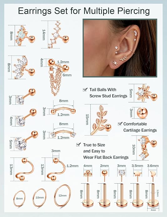 ORAZIO 16 Gauge Cartilage Earrings for Women-Hypoallergenic Surgical Stainless Steel Tragus Earring Set Threadless Flat Back Earrings Push in Nose Studs Daith Conch Tragus Helix Piercing Jewelry