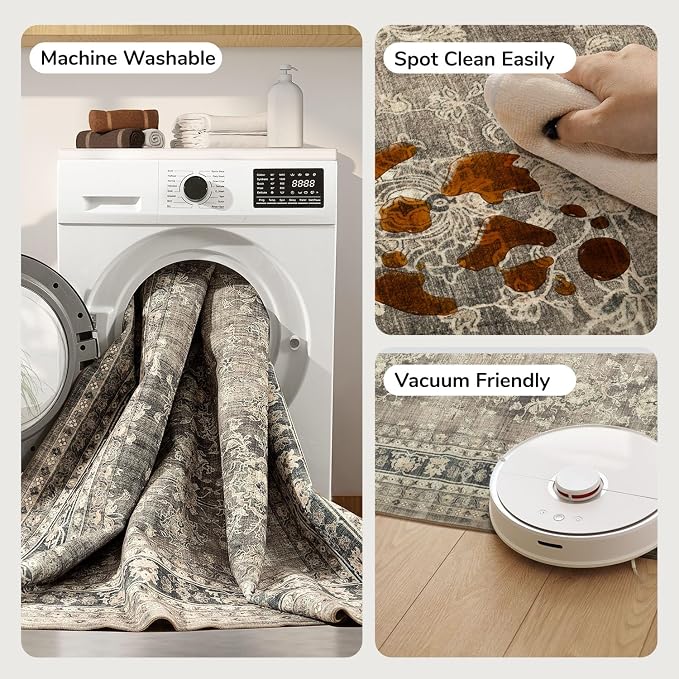 Lessymo Small Area Rugs 2x3 ft, Vintage Brown Machine Washable Rug for Entryway Kitchen Bathroom, Non Slip Low Pile Indoor Door Mat, Distressed Boho Floral Accent Carpet