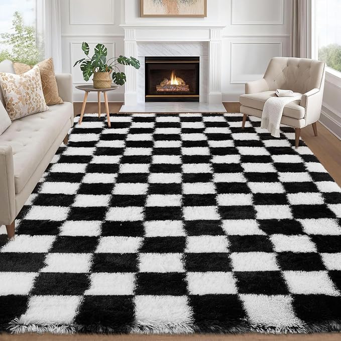 Garvee Checkered Area Rug 9x12 Large Rug Thick Super Soft Shaggy Rugs Fluffy Carpet Fluffy Fuzzy Shag Washable Rugs for Living Room Nursery Bedroom Luxury Playroom Teen Plush Carpets,Black and White