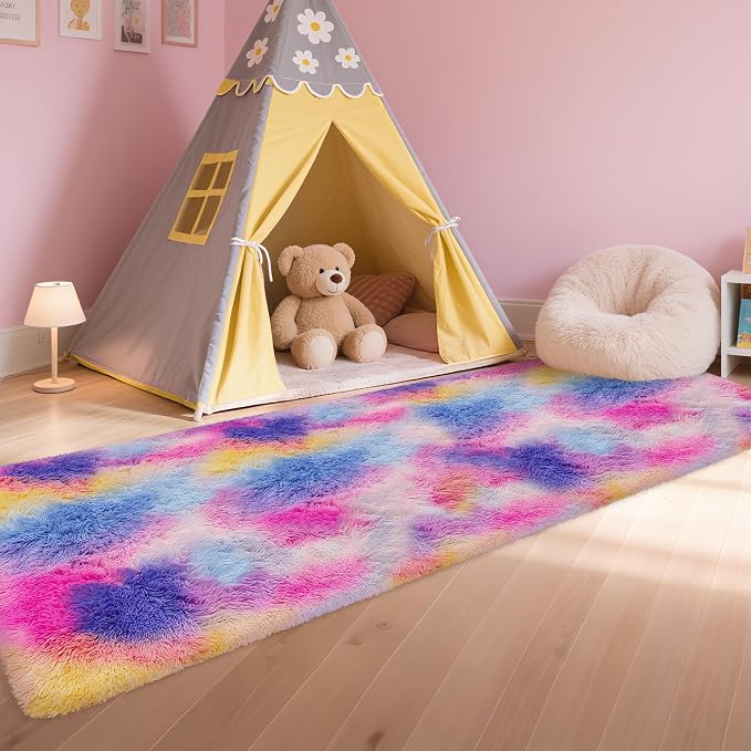 Soft Fluffy Pink Rainbow Rug for Girls Bedroom Carpet 2x8 Tie Dyed Shag Runner Fuzzy Bedside Kids Princess Rug for Girls Bedroom Living Room Hallway Nursery Kids Unicorn Home Decor