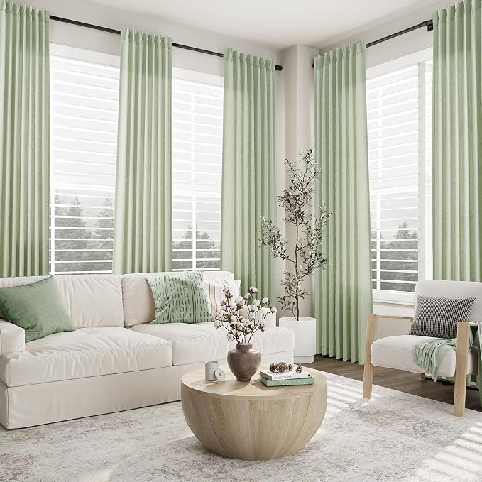 Aersas Mist Sage Pinch Pleated Linen Curtains 72 Inch Length 2 Panels for Living Room Bedroom Semi Sheer Window Curtain Boho Neutral Back Tab Pinch Pleat Drape with Hooks 40x72