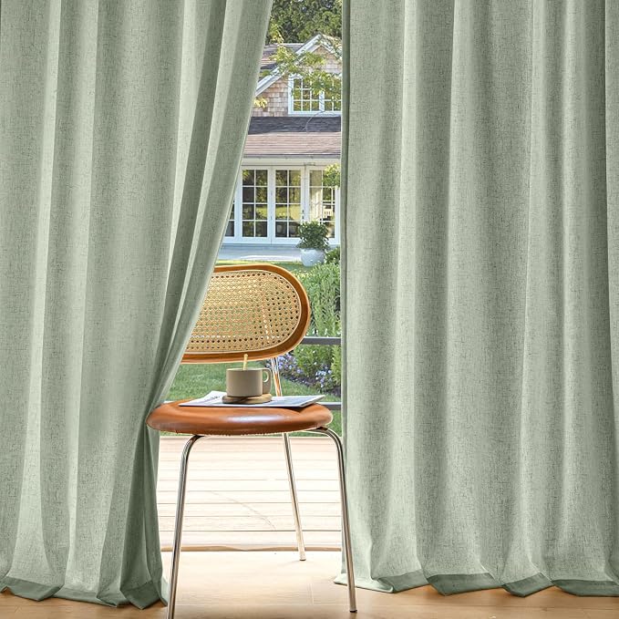 MIULEE Non-See-Through Privacy Linen Curtains 52W x 84L Inch Light Green | 2 Panels, Light Filtering, Semi Sheer Window Curtains, Farmhouse Textured, Back Tab Drapes for Bedroom Living Room
