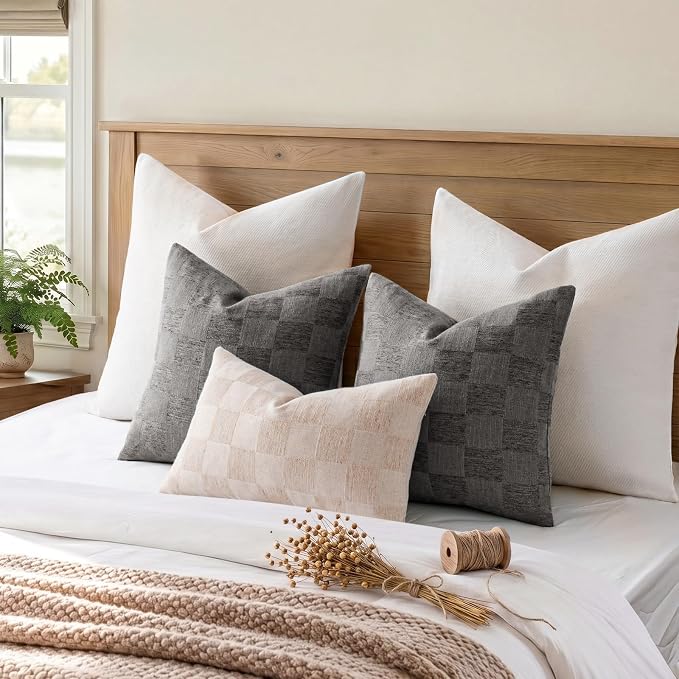 a moment Set of 2 Decorative Linen Throw Pillow Covers,Large Grid Textured Neutral Boho Farmhouse Cushion Covers,Soft Aesthetic Pillowcases for Couch Sofa Living Room Home Decor,22x22 Inch,Dark Gray