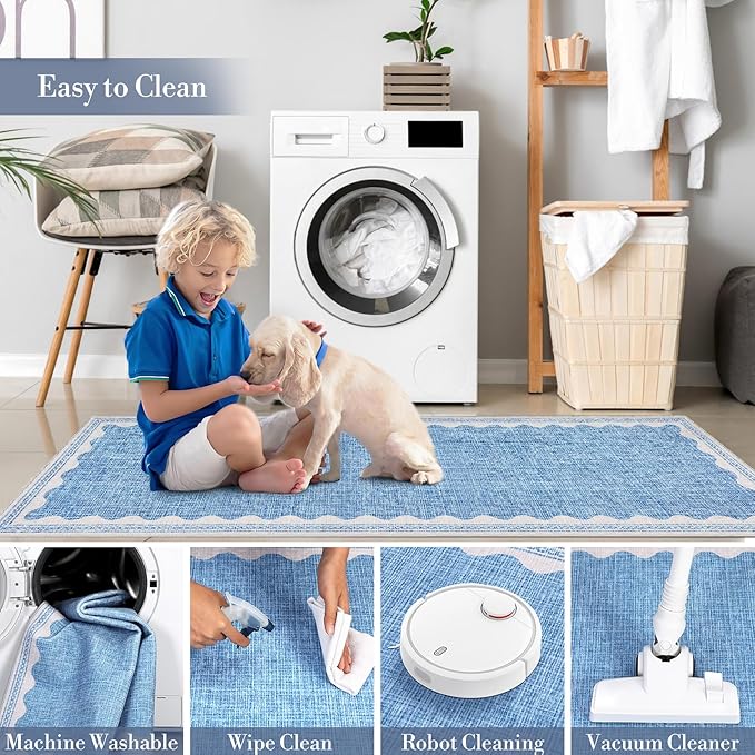 2.5x8 Scalloped Runners Blue Washable Hallways Bedroom Rug | Solid Non Slip Scalloped Bath Runner, Rugs for Bedroom Girls, Rugs for Kitchen Floor Soft Dorm Nursery Carpet for Bedside