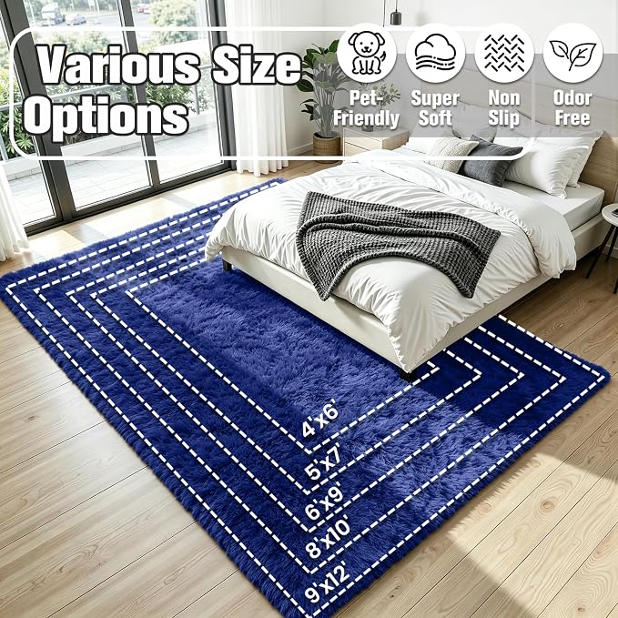 8x10 Area Rug for Living Room, Ultra Soft Fluffy Blue Rugs for Bedroom, Non Slip Large Shag Carpet, Fuzzy Plush Nursery Rug, Thick Washable Indoor Floor Carpets for Kids Office Dorm Home Decor