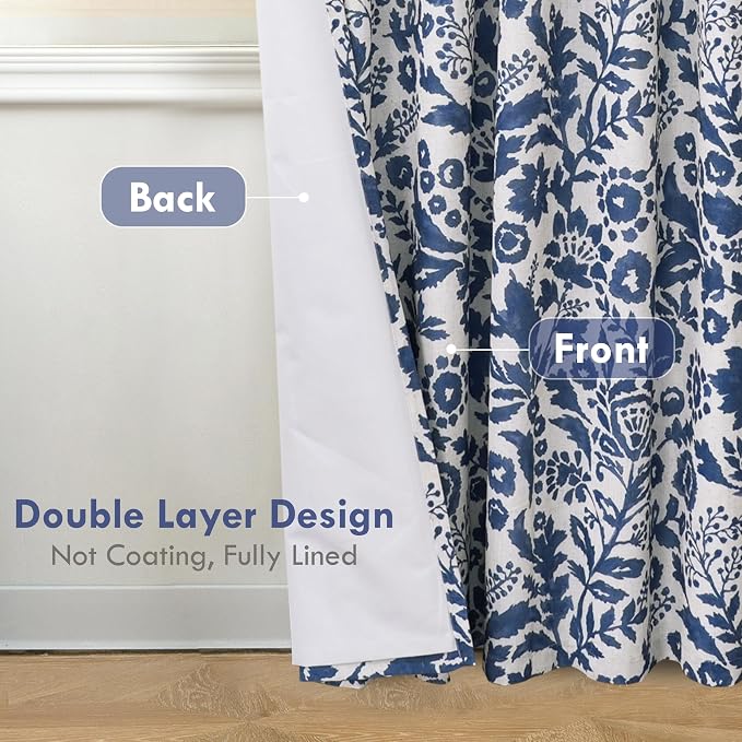 DriftAway Julia 100% Blackout Curtains Back Tab 2 Panels, W52xL84, Navy | Floral Curtains, Bedroom, Living Room, Linen Blend, Watercolor Pattern, 2 Layers, Thermal Insulated, Window Treatment