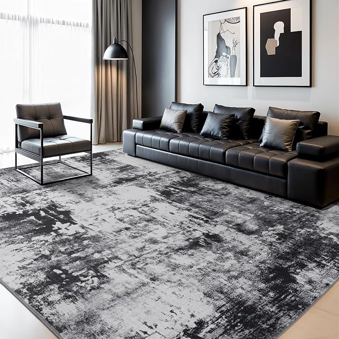 Rugflix 6x9 Area Rugs for Living Room, Washable Large Rug Stain-Resistant Low Pile, Modern Dark Carpet for Dining Room Home Office Kid Room Nursery Bedroom, Black Grey