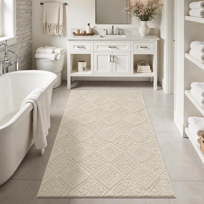 U'Artlines 3x5 Beige Washable Area Rug for Living Room, Soft Fluffy High Low Textured Carpet, Modern Neutral Geometric Non Slip Rugs for Bedroom Dining Room Kids Room