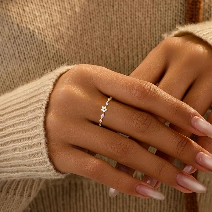 SUYACS 925 Sterling Silver Flower Rings with 6 Marquise Cut Pink Birthstone for Women Gold Plated Cute Opal Floral Small Stackable Ring Mother Daughter Statement Ring Jewelry Birthday Gifts