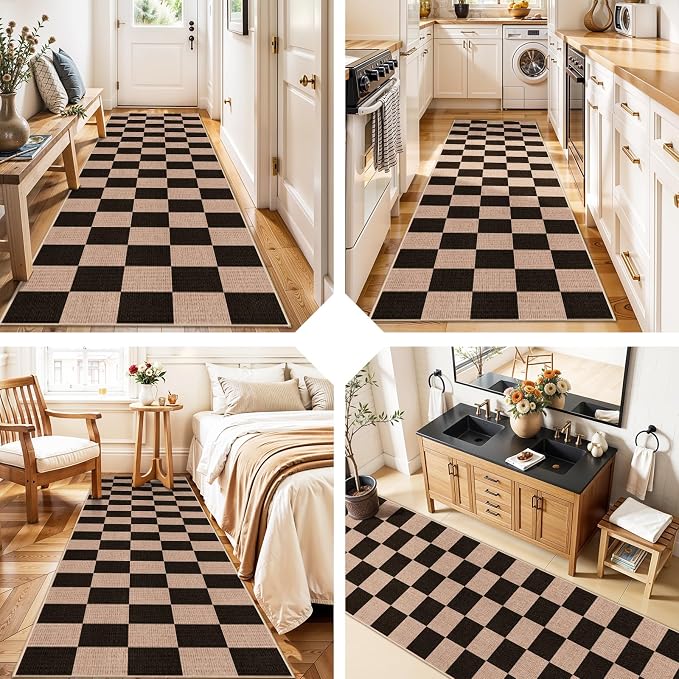 2x8 Checkered Runner Rug Hallway: Washable Faux Jute Indoor Farmhouse Style | Non Slip Backing Narrow Floor Carpet Entryway Kitchen Living Room Bedroom Durable Thin Textured Accent Home Decor (Black,2x8)