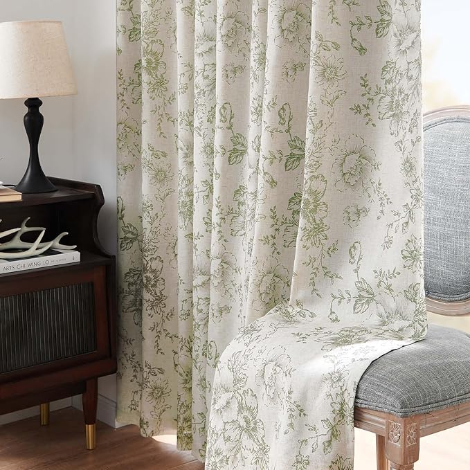 jinchan Green Floral Linen Blackout Curtains 63 Inch Back Tab 2 Panels | Blackout lining, room darkening drapes, farmhouse, vintage, cottagecore, rustic, bedroom, living room, window treatment