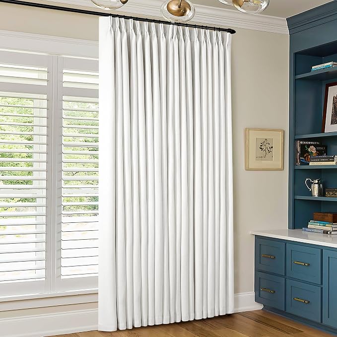 Beige White Pinch Pleated Blackout Linen 92 Inch Long Curtains 60 Inch Wide | 100% Black Out, Memory Trained, Pinch Pleat with Back Tab, Energy Efficient, Thermal Insulated Window Drapes W60xL84 1 Panel
