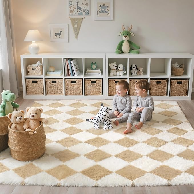 GENIMO Checkered Rug 8x10 Area Rugs for Kids Bedroom Soft Shag Rug Fluffy Fuzzy Carpet Plush Rugs for Living Room Nursery Playroom Dorm Modern Home Decor Aesthetic, Beige and White