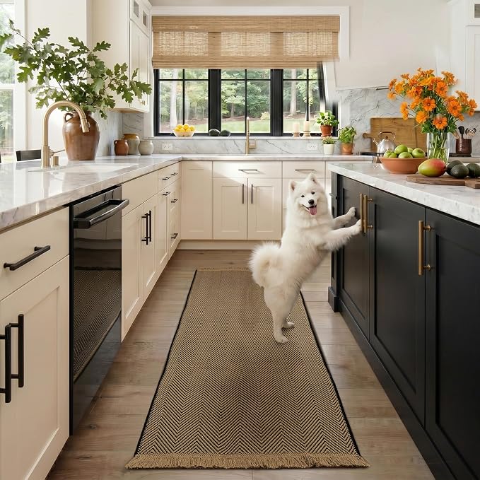 2x6 Washable Boho Runner Area Rug with Tassels for Living Room Beige Black | Vacuum Friendly, Machine Washable, Non-Slip Rug, Modern Farmhouse Neutral Decor Carpet, Bathroom Bedroom Kitchen Hallway
