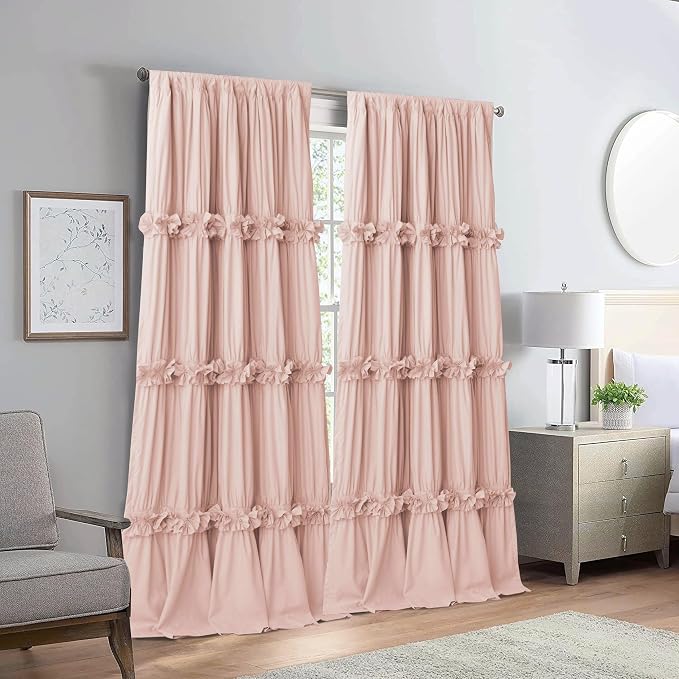 Homechoice Decor Blackout Window Curtains, 52" W x 96" L x 2 Panels | Boho Ruched Thermal Insulated Window Treatments with Butterfly Flowers, Rustic Rod Pocket Drapes for Room, Peach Pink (LQ-30)
