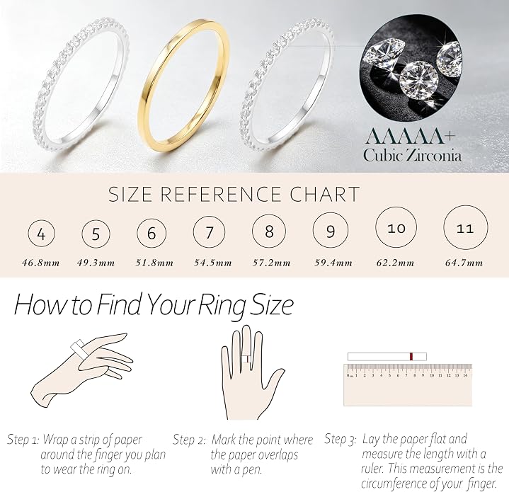 Purplepig Stackable Rings for Women Non Tarnish, Two Tone Mixed Metal Dainty Eternity Band Set, 14K Gold & Sterling Silver Plated Cubic Zirconia Hypoallergenic Wedding Thumb Pinky Rings Size 4-11