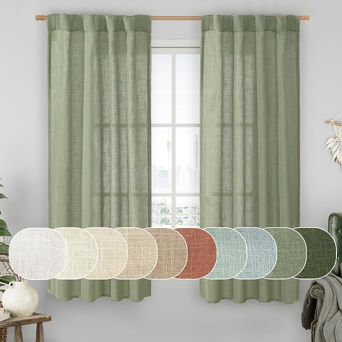 LAMIT Sage Green Linen Semi Sheer Curtains 63 Inch for Bedroom, Light Filtering Neutral Window Curtains Farmhouse Boho Back Tab and Rod Pocket Panels, 2 Panels, 38 x 63 Inch