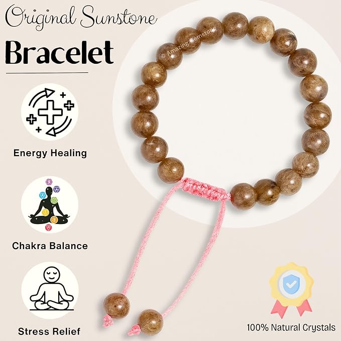 Amazing Gemstone Original Sunstone Bracelet for Women Men's Gifts - Protection Healing Crystal Bracelet - 8mm Beaded Adjustable Bracelet Pulseras para Hombres Mujer Stocking Stuffers