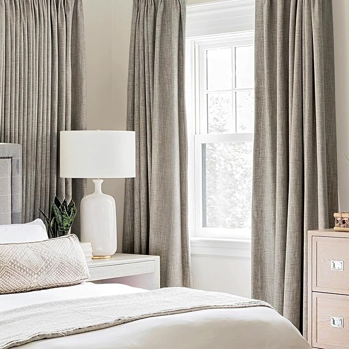 MIULEE Linen Curtains for Bedroom Solid 100% Blackout Thermal Insulated Greige Curtains Grommet Room Darkening Drapes for Living Room 52x45 Inch (2 Panels)