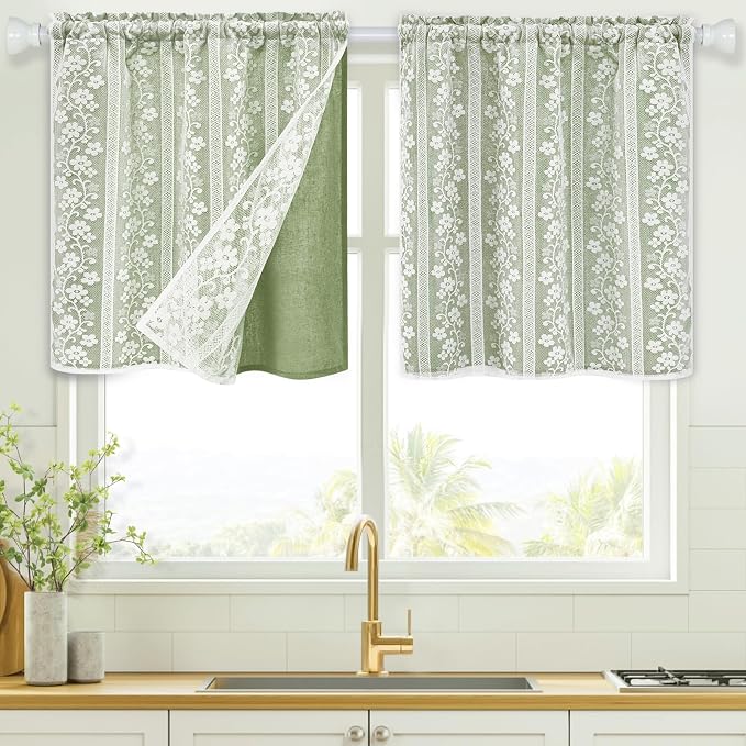 ASPMIZ Linen Kitchen Curtains Double Layer Kitchen Window Curtains Over Sink 24 Inch Sage Green Tier Curtain Light Filtering Rod Pocket Cafe Curtain Short Window Treatments with 2 Tiebacks, 26x24