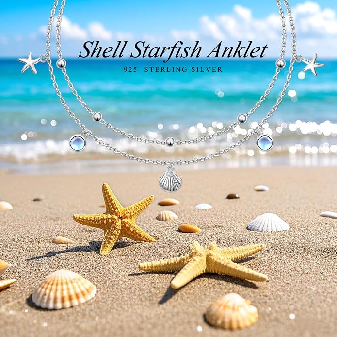 Ladytree S925 Sterling Silver Boho Beach Double Layer Anklets Bracelet for Women Adjustable 9 to 11 inches