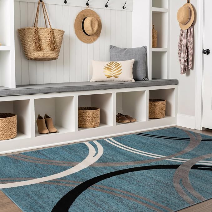 Rugshop Wavy Circles Modern Jute Backing Living Room Area Rug Blue 4' x 6'