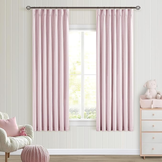Light Pink 63 Inch Length Blackout Pinch Pleated Linen Curtains with Liner | Memory Trained Pleat with Hooks Rings, Thermal Insulated, 100% Black Out Curtains for Small Window Bedroom Nursery 2 Panels