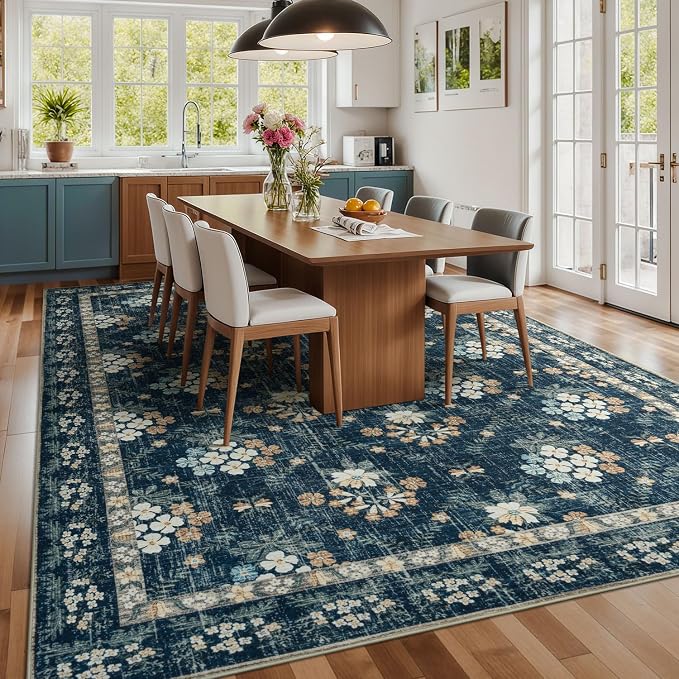 Lessymo Large Area Rugs 9x12 for Living Room, Soft Washable Rug for Bedroom Dining Room Nursery Room Farmhouse, Boho Non Slip Low Plie Carpet Vintage Floral Design, Navy/Beige